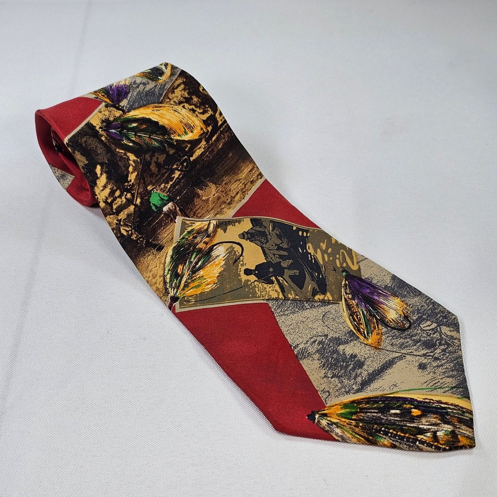 Vtg Eddie‎ Bauer Mens Silk Tie Red Fly Fishing Lure Outdoor Print Made USA Italy